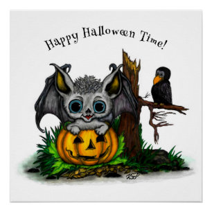 Waiting for Halloween , Cute Bat and Raven Poster