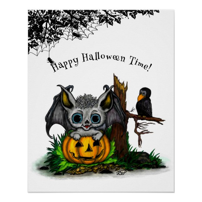 Waiting for Halloween , Cute Bat and Raven Poster (Front)