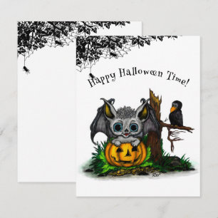 Waiting for Halloween , Cute Bat and Raven RSVP Card