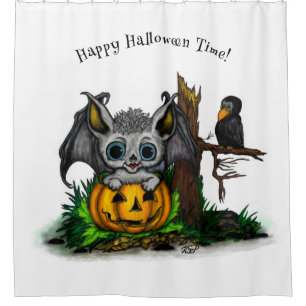 Waiting for Halloween , Cute Bat and Raven Shower Curtain