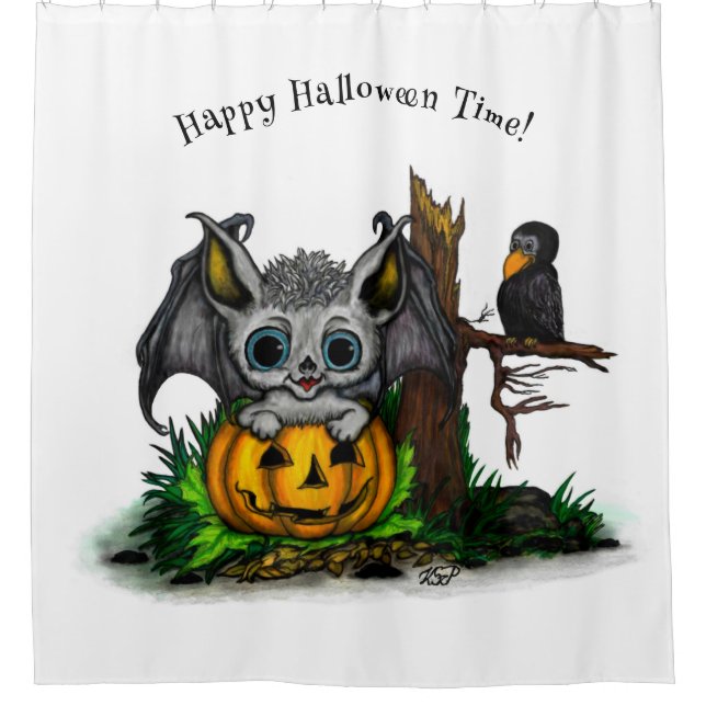 Waiting for Halloween , Cute Bat and Raven Shower Curtain (Front)