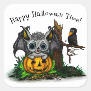 Waiting for Halloween , Cute Bat and Raven Square Sticker