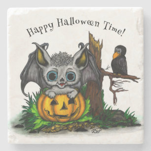 Waiting for Halloween , Cute Bat and Raven Stone Coaster
