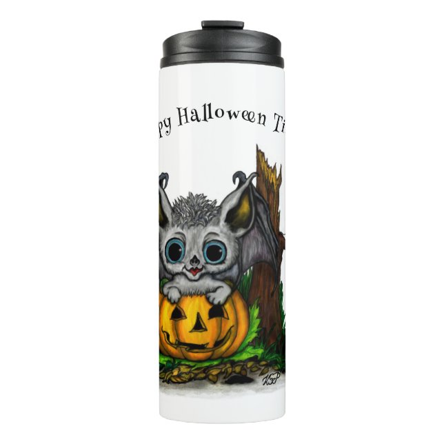 Waiting for Halloween , Cute Bat and Raven Thermal Tumbler (Front)
