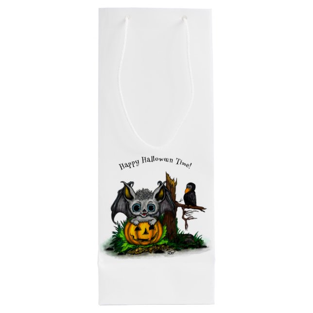 Waiting for Halloween , Cute Bat and Raven Wine Gift Bag (Back)