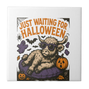 Waiting For Halloween Highland Cow Ceramic Tile