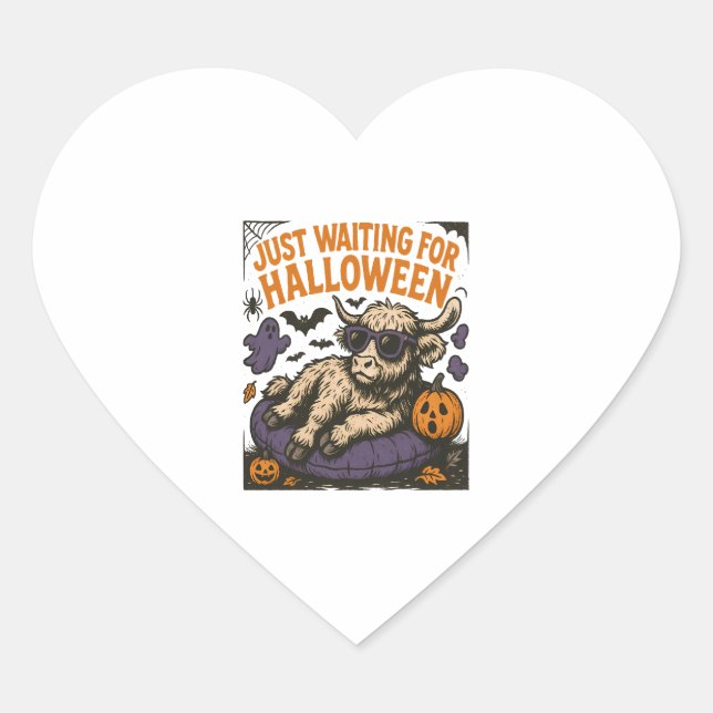 Waiting For Halloween Highland Cow Heart Sticker (Front)