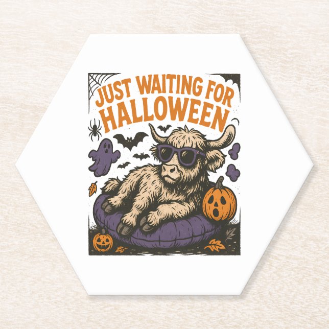 Waiting For Halloween Highland Cow Paper Coaster (Front)