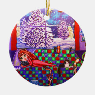 Waiting for Santa Claus Little Girl Cats Snow Ceramic Ornament