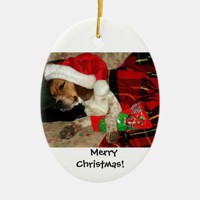 Waiting for Santa / Snoopy Beagle Dog Christmas Ceramic Ornament (Front)