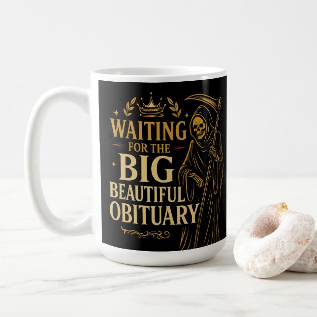 Waiting for the Big Beautiful Obituary, Halloween  Coffee Mug (With Donut)