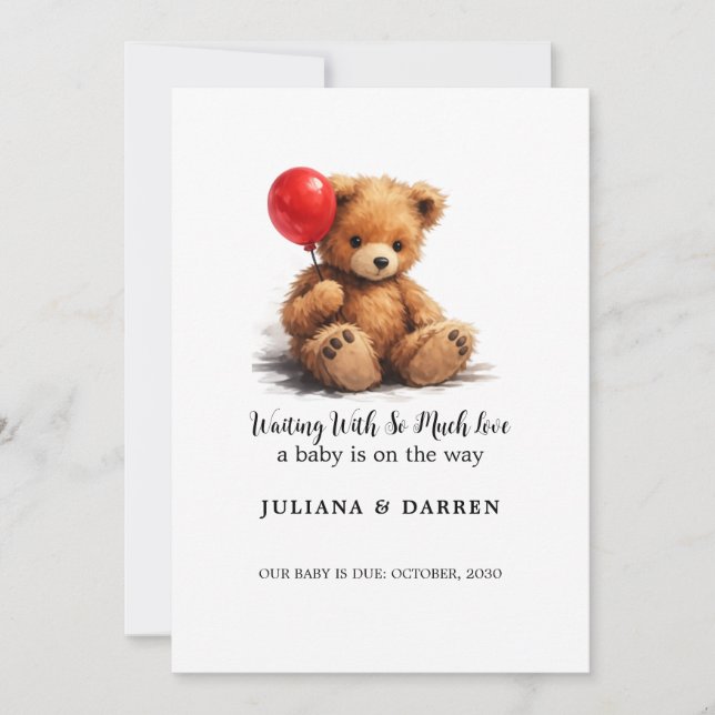 Waiting With So Much Love Teddy Bear & Red Balloon Invitation (Front)