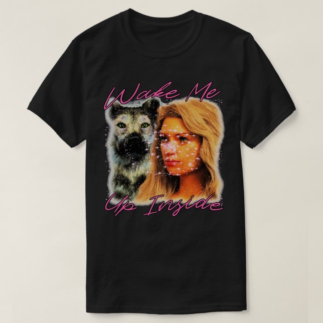Wake Me Up Inside Dog And Woman Glitter And Pink T-Shirt (Design Front)