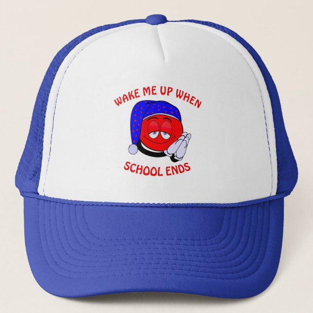 Wake me up when school ends funny emoji trucker hat (Front)