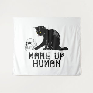 Wake Up Human - Funny Cat With Skull Tapestry