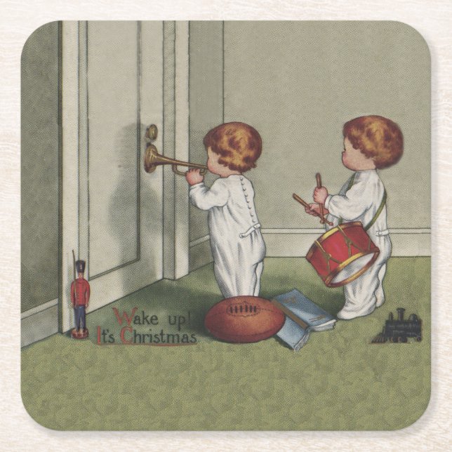 Wake Up Its Christmas cute child illustration Square Paper Coaster (Front)