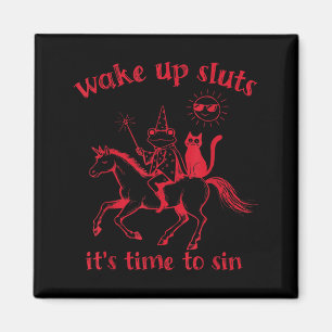 Wake Up Its Time to Sin Funny Weird Frog Cat Humou Magnet