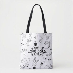 'Wake Up. Love Corgi. Repeat.' Fun Black Doodles Tote Bag
