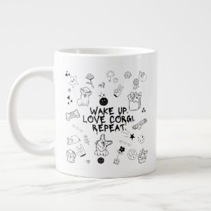 'Wake up. Love Corgi. Repeat.' Playful Black White Large Coffee Mug