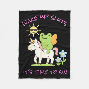 Wake Up S Its Time To Sin Funny Frog Unicorn Meme Fleece Blanket