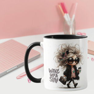 "Wake Up & Slay" Quirky Big Haired Latte Girl Mug