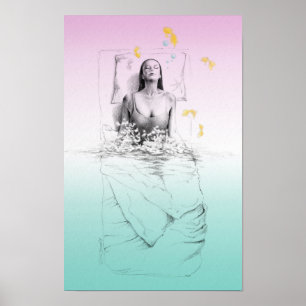Waking up Woman Swimming Pastel colours Surreal ar Poster