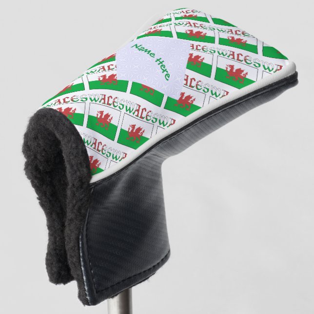 Wales and Welsh Flag Tiled Green Personalised  Golf Head Cover (3/4 Front)
