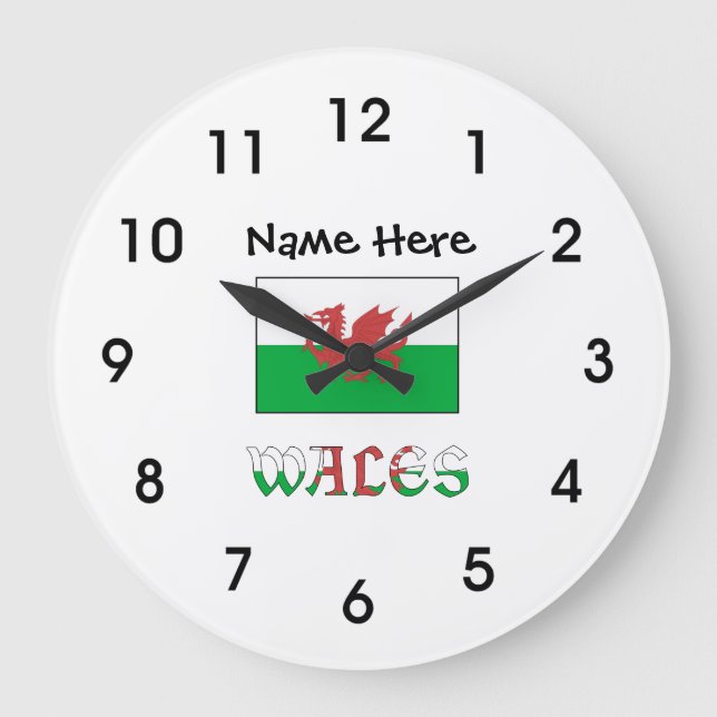 Wales and Welsh Flag with Your Name Large Clock (Front)