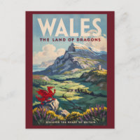 Wales Dragon Illustration Travel Art Vintage