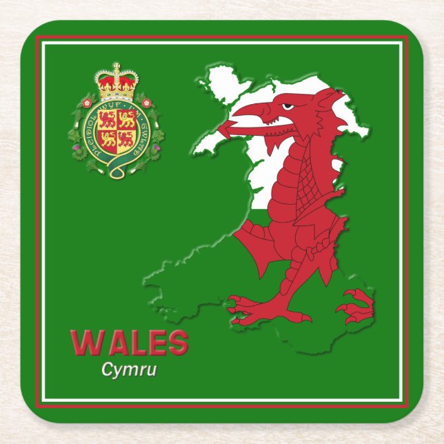 Wales Flag Map & Royal Badge Square Paper Coaster (Front)
