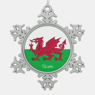Wales snowflake, Dragon, Welsh Flag Snowflake Pewter Christmas Ornament