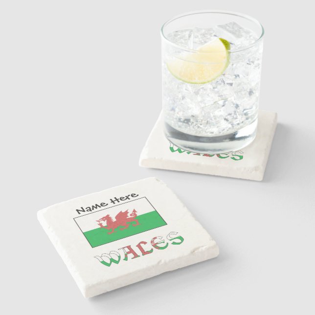 Wales Welsh Flag Personalised Name  Stone Coaster (Side)
