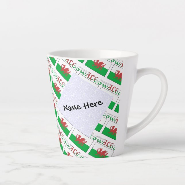 Wales Welsh Flag Tiled Personalised Name  Latte Mug (Right)
