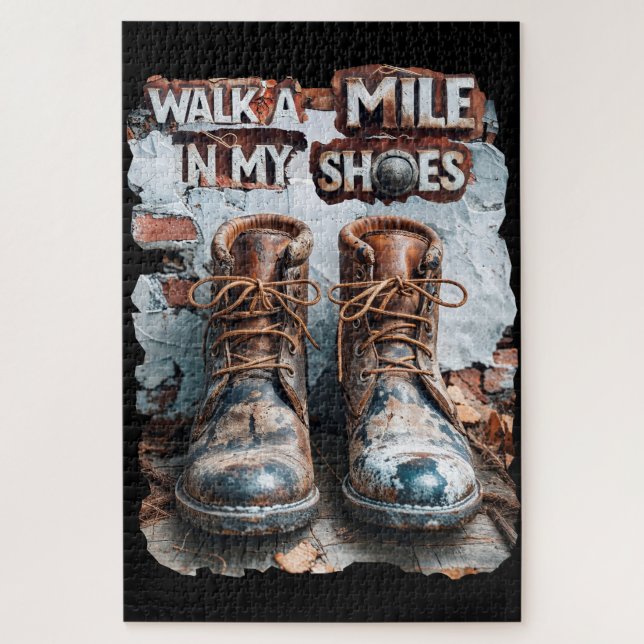 Walk a Mile in My Shoes – Inspirational Rustic Jigsaw Puzzle (Vertical)