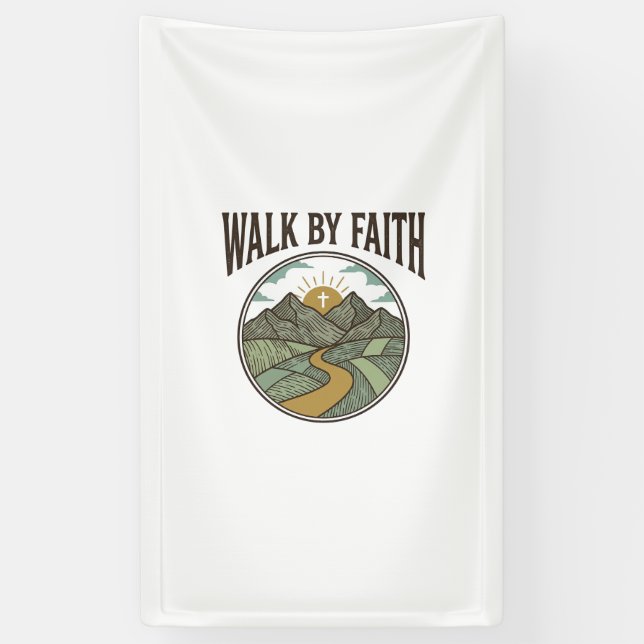 Walk By Faith Christian Mountain Path Vector Banner (Vertical)