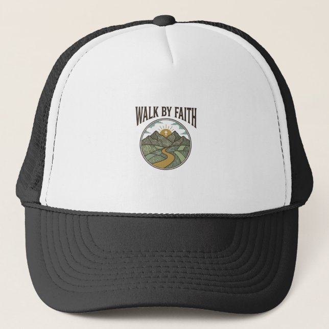 Walk By Faith Christian Mountain Path Vector Trucker Hat (Front)