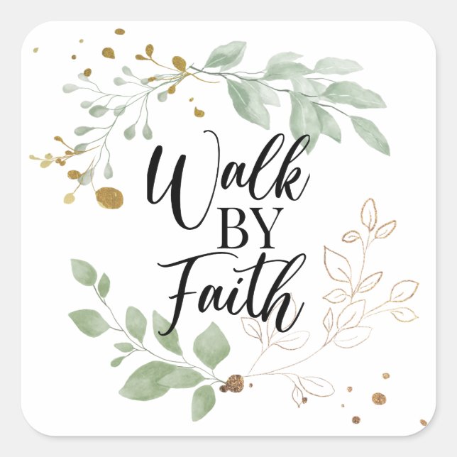 Walk by Faith Christian Scripture Greenery Square Sticker (Front)