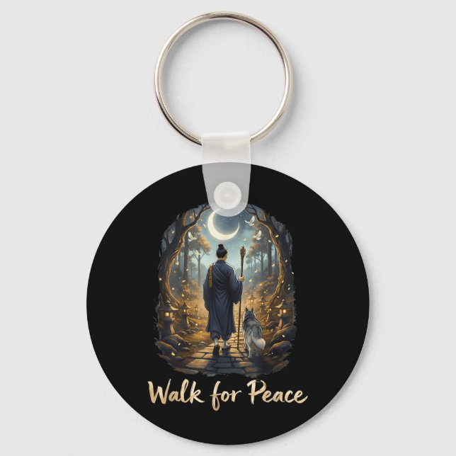Walk for Peace Buddhist Monk Illustration Key Ring (Front)