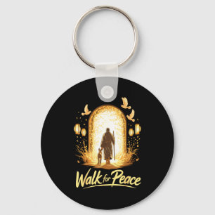Walk for peace spiritual monk with dog and doves key ring