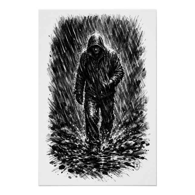 Walker in the Rain – Haunted Ink Illustration Poster (Front)