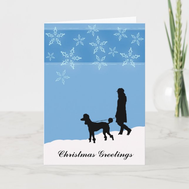 Walking a Poodle in the Snow, Christmas Greetings Holiday Card (Front)
