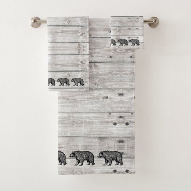 Walking Bear Grey Wood Pattern Bath Towel Set (Insitu)