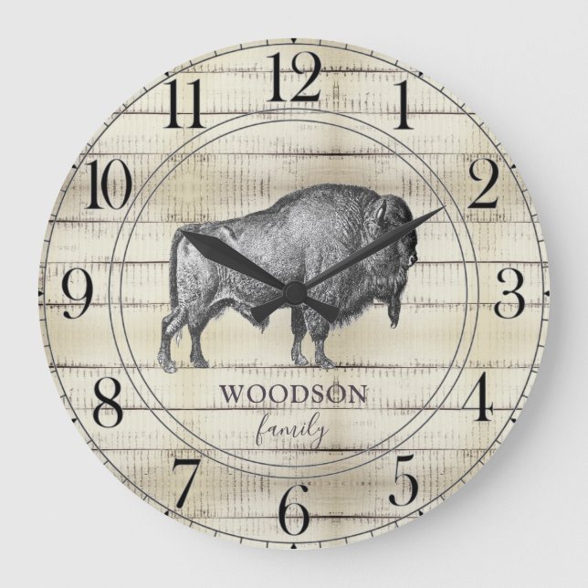 Walking Bison Buffalo  Rustic Wood Family Name Large Clock (Front)