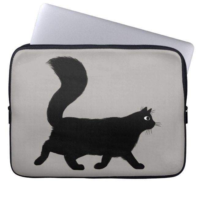 Walking Black Cat | Cool Kitty with Fluffy Tail Laptop Sleeve (Front)