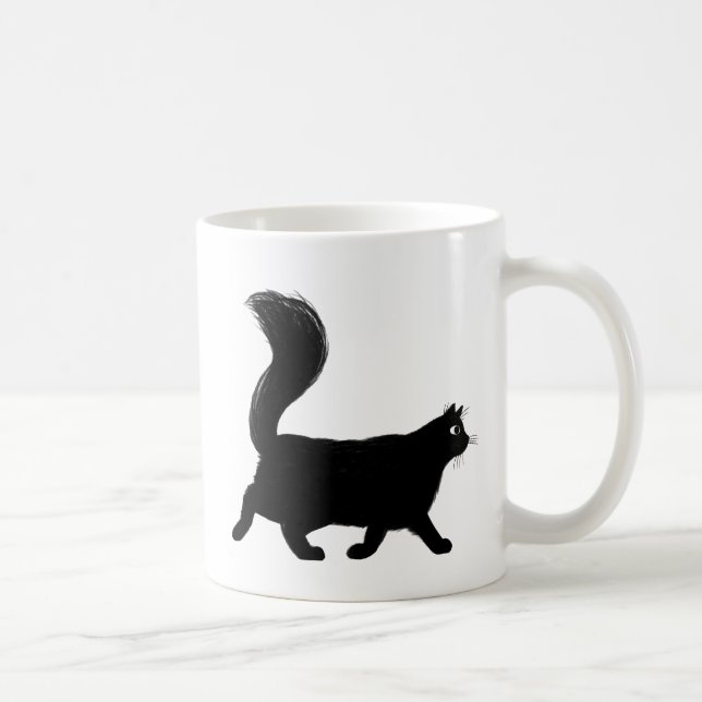 Walking Black Cat with Long Fluffy Tail Coffee Mug (Right)