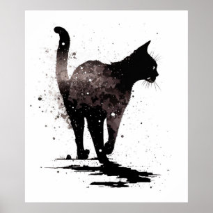 Walking Cat Silhouette Black on White Poster