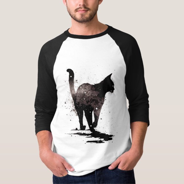 Walking Cat Silhouette Black on White T-Shirt (Front)