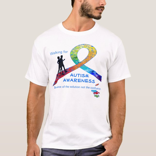 Walking for Autism Awareness Rainbow Ribbon Design T-Shirt (Front)