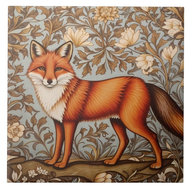 Walking Fox William Morris Inspired  Ceramic Tile (Front)