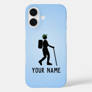 Walking Hiker Motif and your name / text sky blue iPhone 16 Case